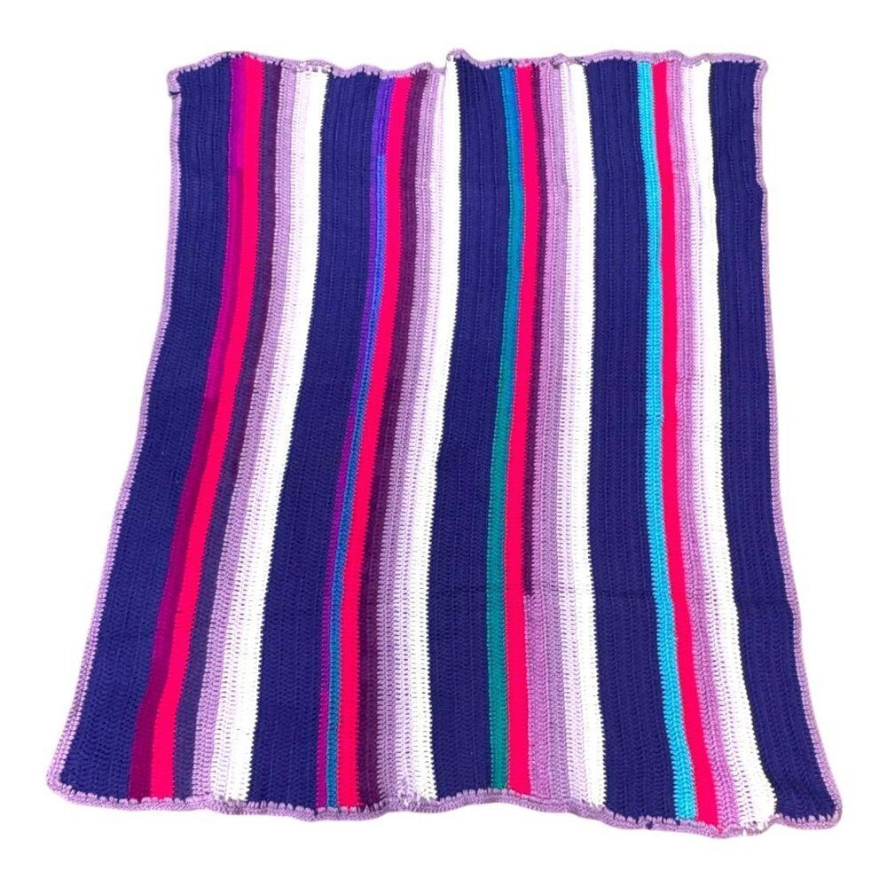 Handmade Crochet Striped Wheelchair Lap Blanket Purple Pink White Blue 44X36